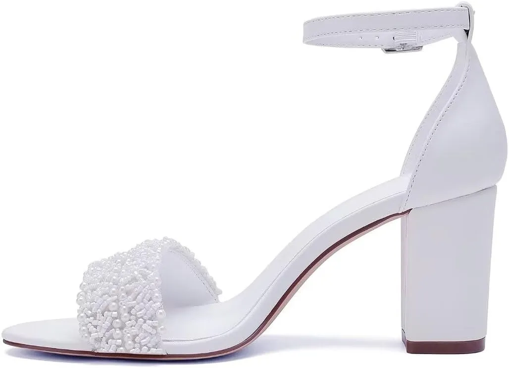 Wedding Shoes for Bride Block Heel Wedding Sandals Open Toe Chunky Heel Bridal Shoes