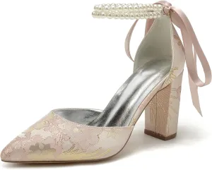 Wedding Shoes for Bride Closed Toe Block Heel Womens High Heels Pointed Toe Pumps Bridal Shoes Bowknot Strap Pearl Sandals Floral Satin Evening,Pink,9