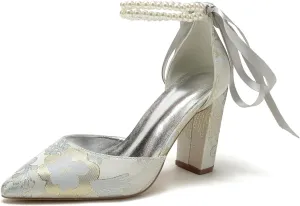 Wedding Shoes for Bride Closed Toe Block Heel Womens High Heels Pointed Toe Pumps Bridal Shoes Bowknot Strap Pearl Sandals Floral Satin Evening,Silver,11.5
