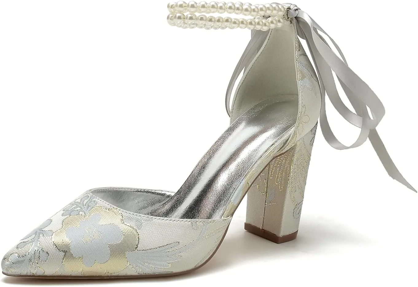 Wedding Shoes for Bride Closed Toe Block Heel Womens High Heels Pointed Toe Pumps Bridal Shoes Bowknot Strap Pearl Sandals Floral Satin Evening,Silver,11.5