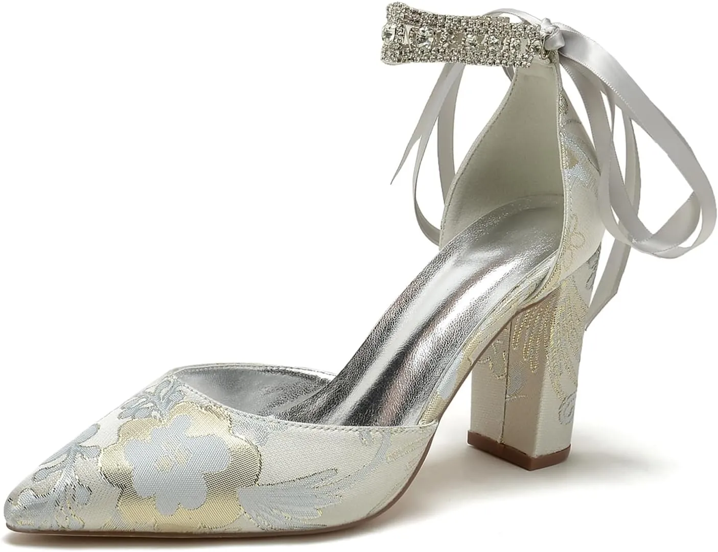 Wedding Shoes for Bride Closed Toe Block Heel Womens High Heels Pointed Toe Pumps Bridal Shoes Bowknot Strap Pearl Sandals Floral Satin Evening,Silver,6