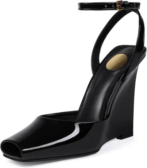 Wedge High Heels Sandals for Women – 4 Inch Square Peep Toe Ankle Strap Buckle Comfortable for Party Wedding Daily Wear