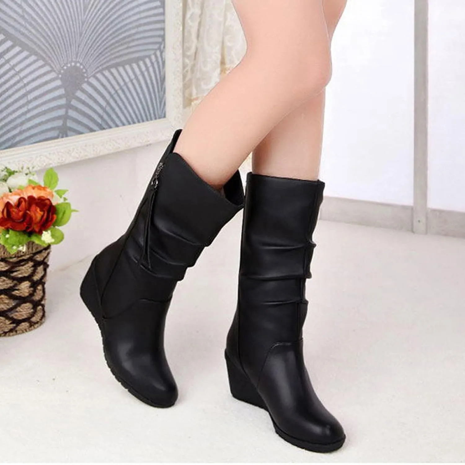 Wedge Snow Boots for Women Ladies Winter Warm Fur Lined Boots Leather Mid Calf Boots with Side Zipper Women's Riding Boots Tall Outdoor Walking Fuzzy Thermal Boots Comfortable Wide Width Shoes