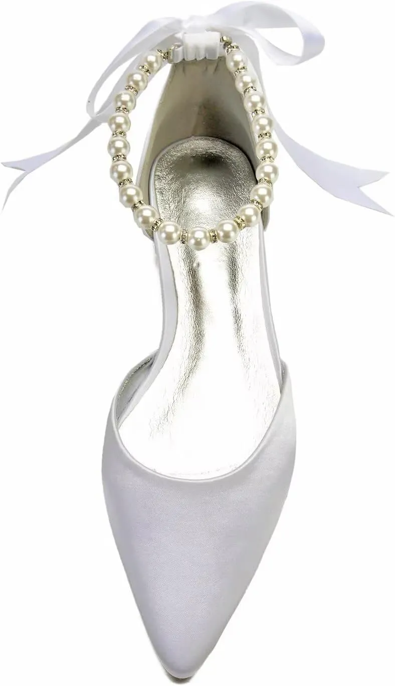 White Wedding Flats for Bride Pointed Toe Pearls Satin Bridal Flats Prom Dressy Pumps