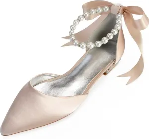 White Wedding Flats for Bride Pointed Toe Pearls Satin Bridal Flats Prom Dressy Pumps