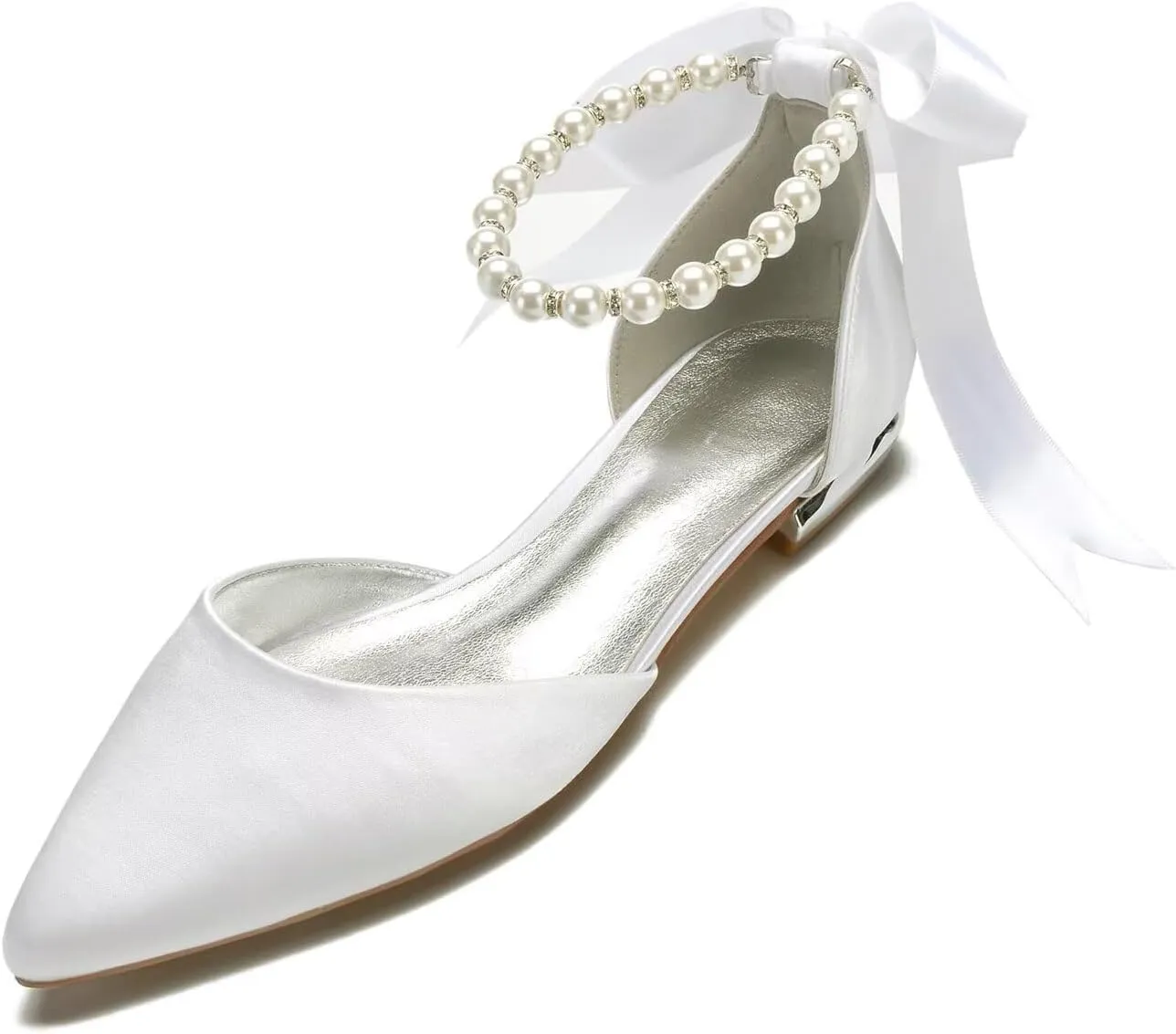 White Wedding Flats for Bride Pointed Toe Pearls Satin Bridal Flats Prom Dressy Pumps