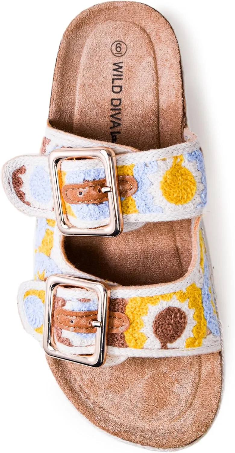 Wild Diva Women's Double Buckle Floral Crochet Cork Flat Sandals