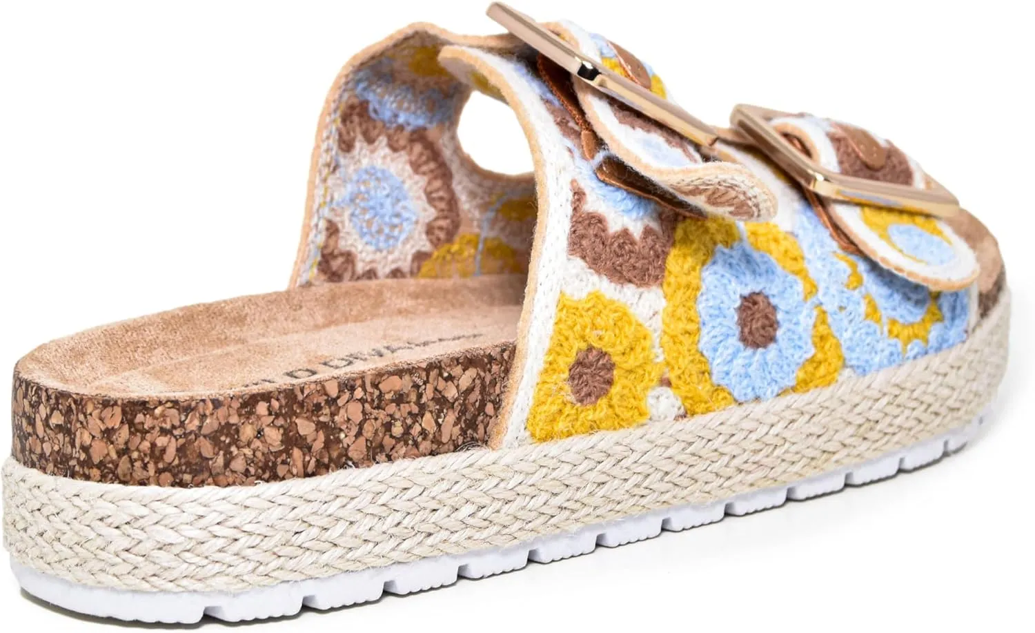 Wild Diva Women's Double Buckle Floral Crochet Cork Flat Sandals