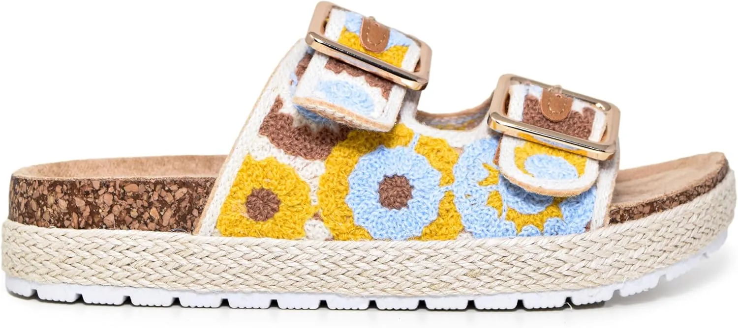Wild Diva Women's Double Buckle Floral Crochet Cork Flat Sandals