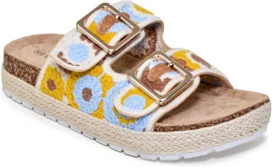 Wild Diva Women's Double Buckle Floral Crochet Cork Flat Sandals