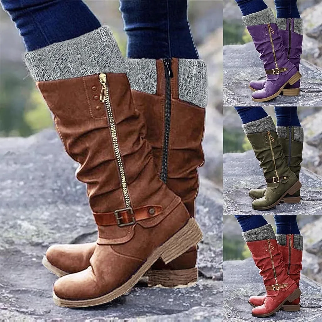 Winter Warm Low Heel Knight Boots Retro Round Toe Western Boots Low Heel Mid Calf Winter Boots Side Zip Platform Hiking Boot Outdoor Shoes