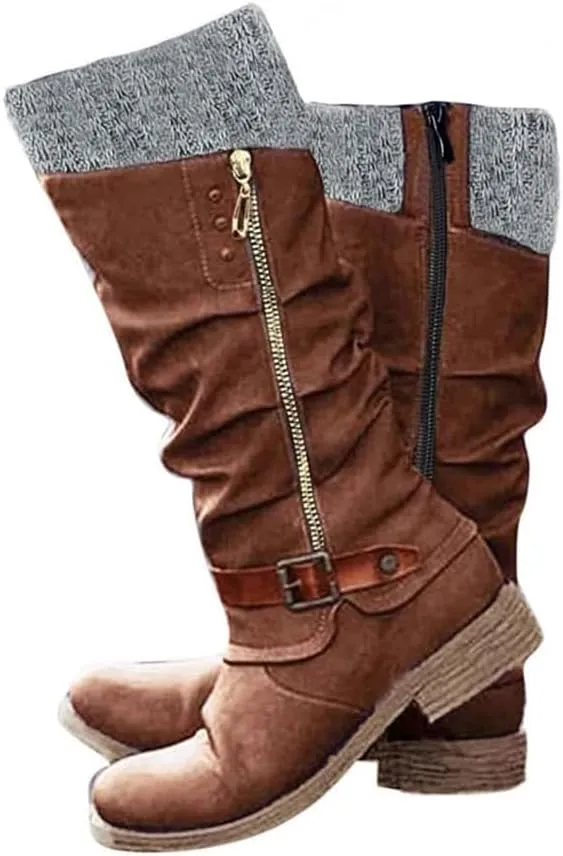 Winter Warm Low Heel Knight Boots Retro Round Toe Western Boots Low Heel Mid Calf Winter Boots Side Zip Platform Hiking Boot Outdoor Shoes