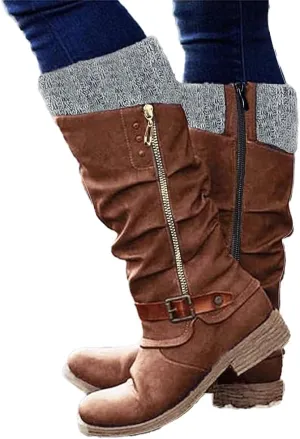 Winter Warm Low Heel Knight Boots Retro Round Toe Western Boots Low Heel Mid Calf Winter Boots Side Zip Platform Hiking Boot Outdoor Shoes