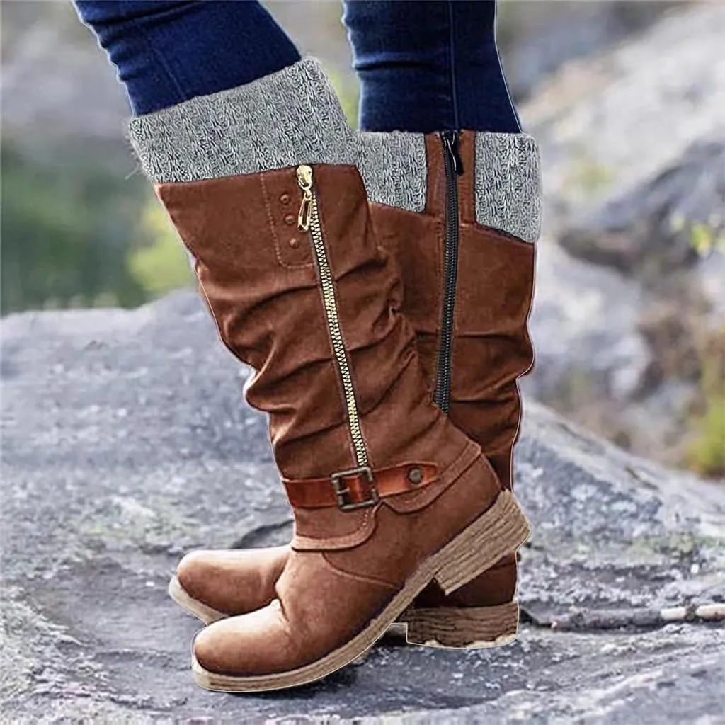 Winter Warm Low Heel Knight Boots Retro Round Toe Western Boots Low Heel Mid Calf Winter Boots Side Zip Platform Hiking Boot Outdoor Shoes