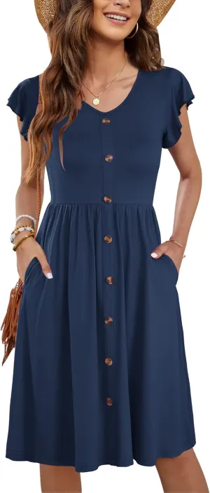WNEEDU Women Summer Dresses Sleeveless Casual Loose Swing Button Down Midi Dress with Pockets
