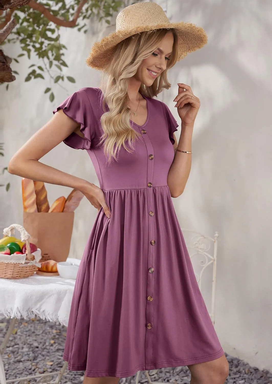 WNEEDU Women Summer Dresses Sleeveless Casual Loose Swing Button Down Midi Dress with Pockets
