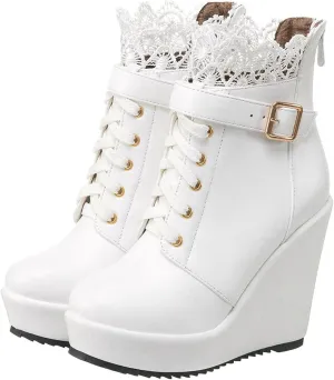 wodceeke Womens Goth Platform Boots Round Toe Ankle Booties Wedge Heel Lace Up Combat Boots Leather Motorcycle Boots