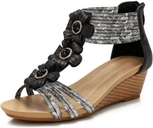 WOJWSKI Wedge Sandals for Women Bohemia Flower Open Toe Gladiator Platform Roman High Heel Casual Summer Dressy Beach Womens Sandals