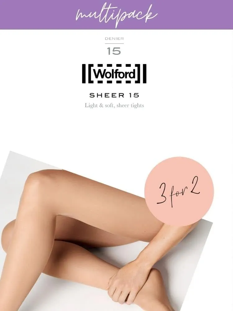 Wolford Sheer 15 Tights for Women – 3-Pack Lightweight Sheer Pantyhose Toe Design Ultra-Soft Finish Ideal for Open-Toe Shoes