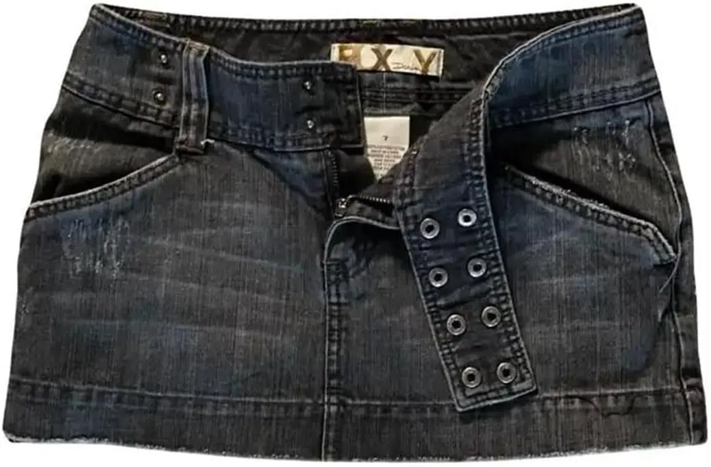 Women Adjustable Waist Mini Skirt Solid Color Retro Gray Denim Skirt Gothic Slim Hip Low Waist Short Skirt