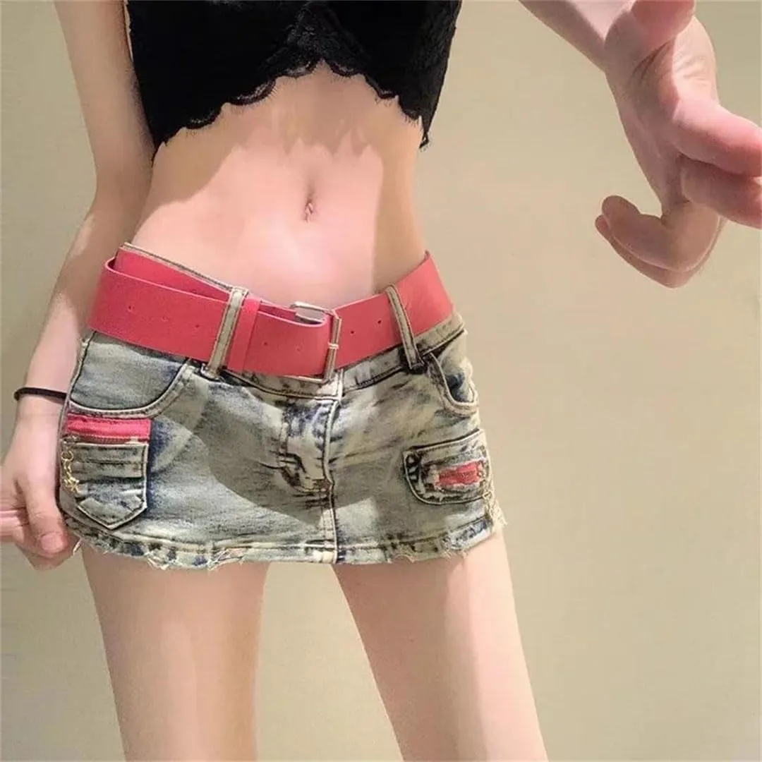 Women American Vintage Low Waist Skirts Clothes Denim Mini A Line Skirts