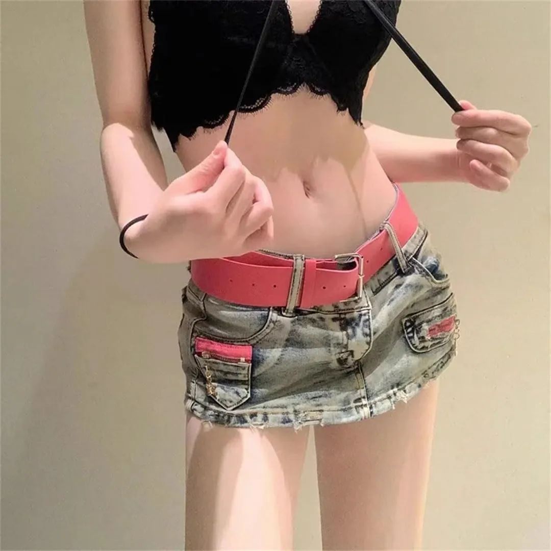 Women American Vintage Low Waist Skirts Clothes Denim Mini A Line Skirts