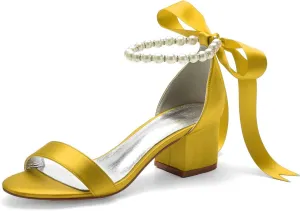 Women Block Heel Satin Pearls Wedding Sandals Open Toe Ribbon Tie Party Dress Heeled Sandal Shoes 702-7