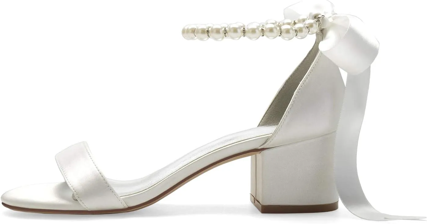 Women Block Heel Satin Pearls Wedding Sandals Open Toe Ribbon Tie Party Dress Heeled Sandal Shoes 702-7