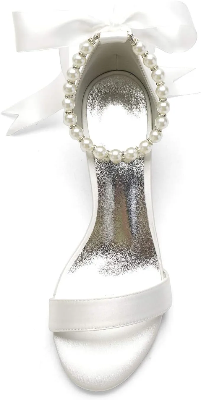 Women Block Heel Satin Pearls Wedding Sandals Open Toe Ribbon Tie Party Dress Heeled Sandal Shoes 702-7