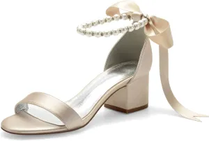 Women Block Heel Satin Pearls Wedding Sandals Open Toe Ribbon Tie Party Dress Heeled Sandal Shoes 702-7
