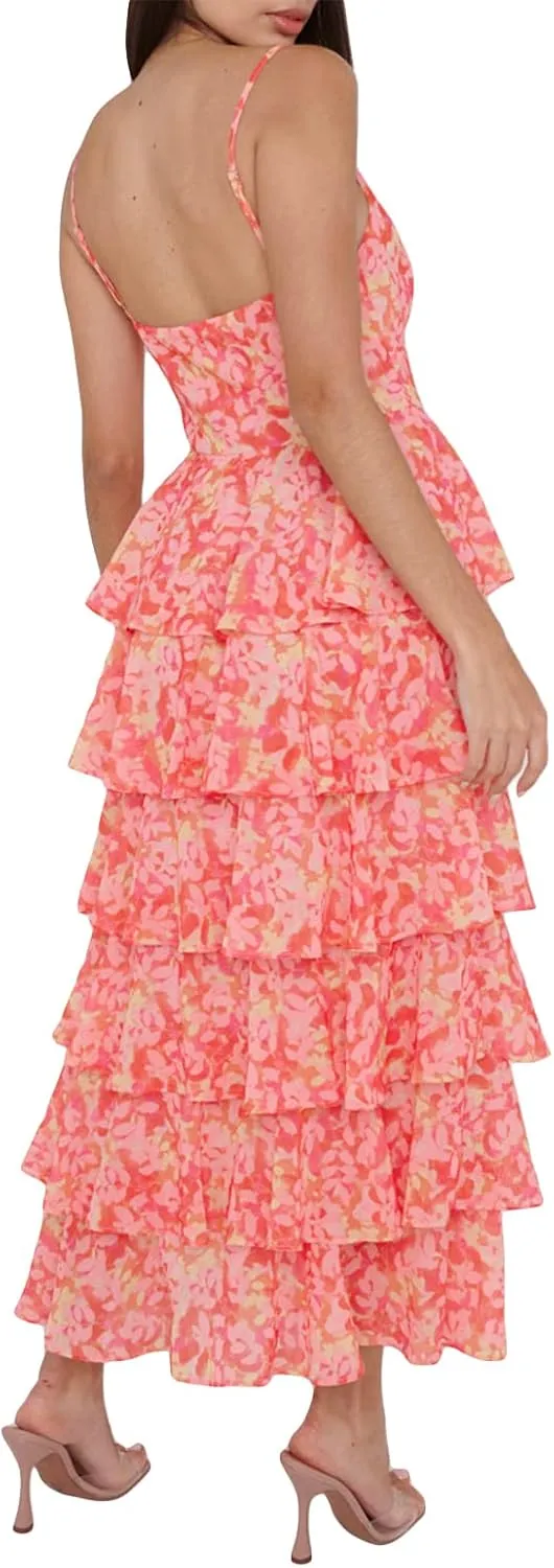 Women Cake Tiered Flowy Maxi Dress Fairy Spaghetti Strap Sweetheart Long Dress Y2K Elegant Party Patchwork Outfit