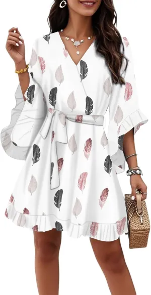 Women Casual Loose Vintage Boho Floral V-Neck Half Sleeve Summer Beach Swing Dress