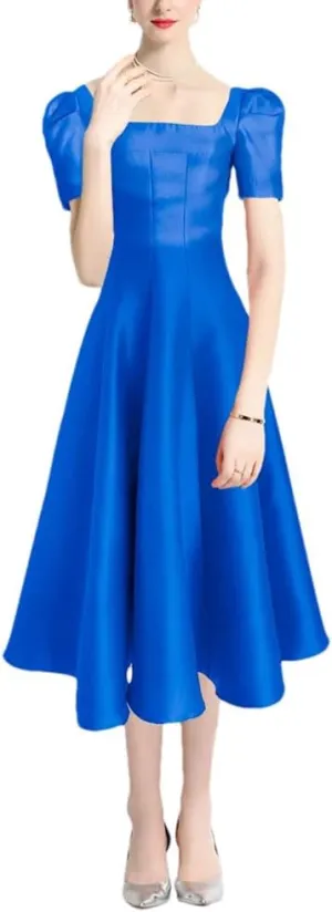 Women Dress Long French Hepburn Style Party Elegant Square Collar Short Sleeve Midi Vestidos Party Robe