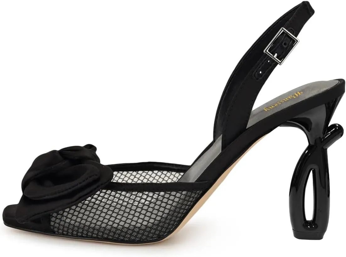 Women Elegant Bowknot Open Square Toe Mesh Slingback Sandals Backstrap Buckle Special High Heels Wedding Prom Event Shoes Size 4-16 US