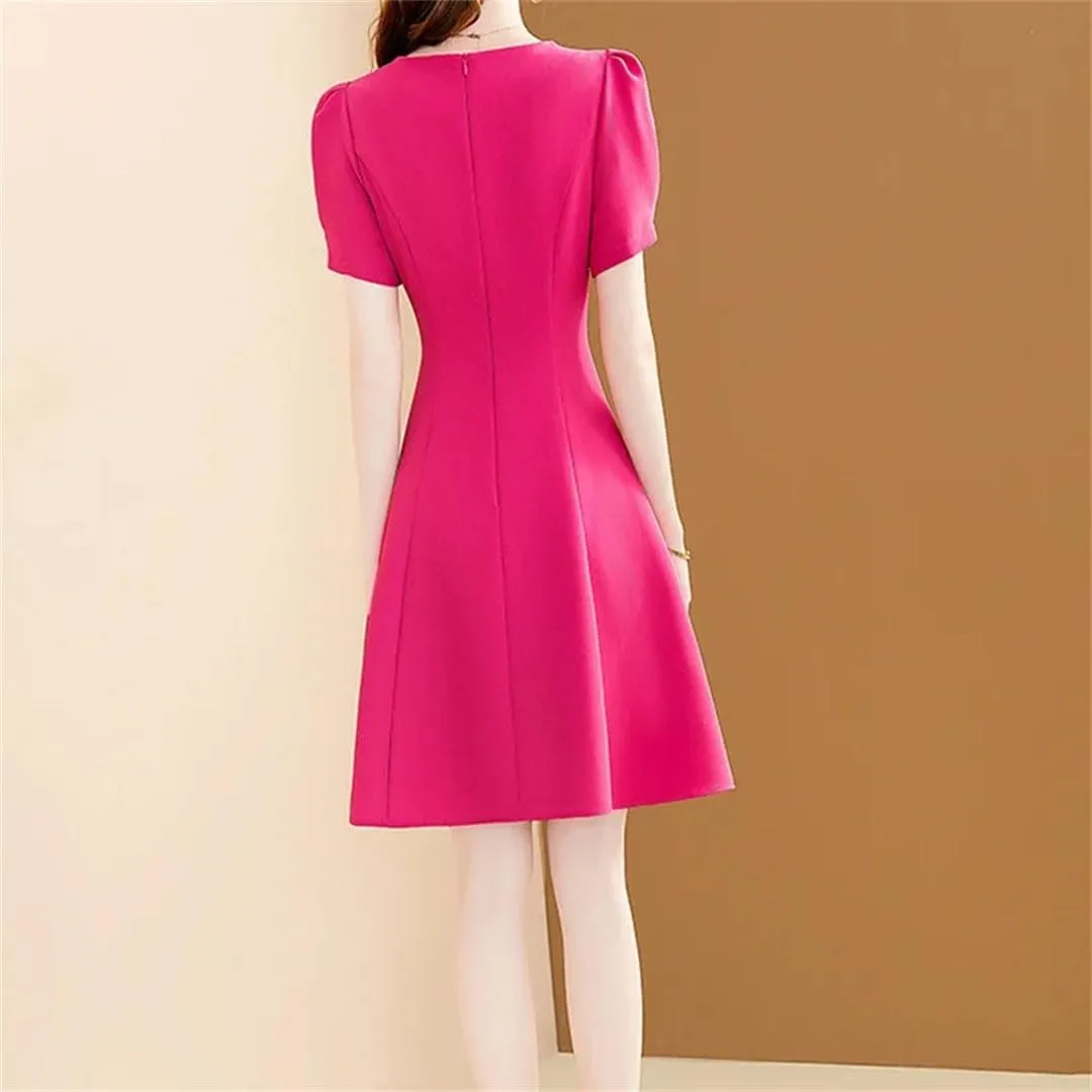 Women Elegant Floral Embroidery Dress Rose Short Sleeve Office A-Line Dresses