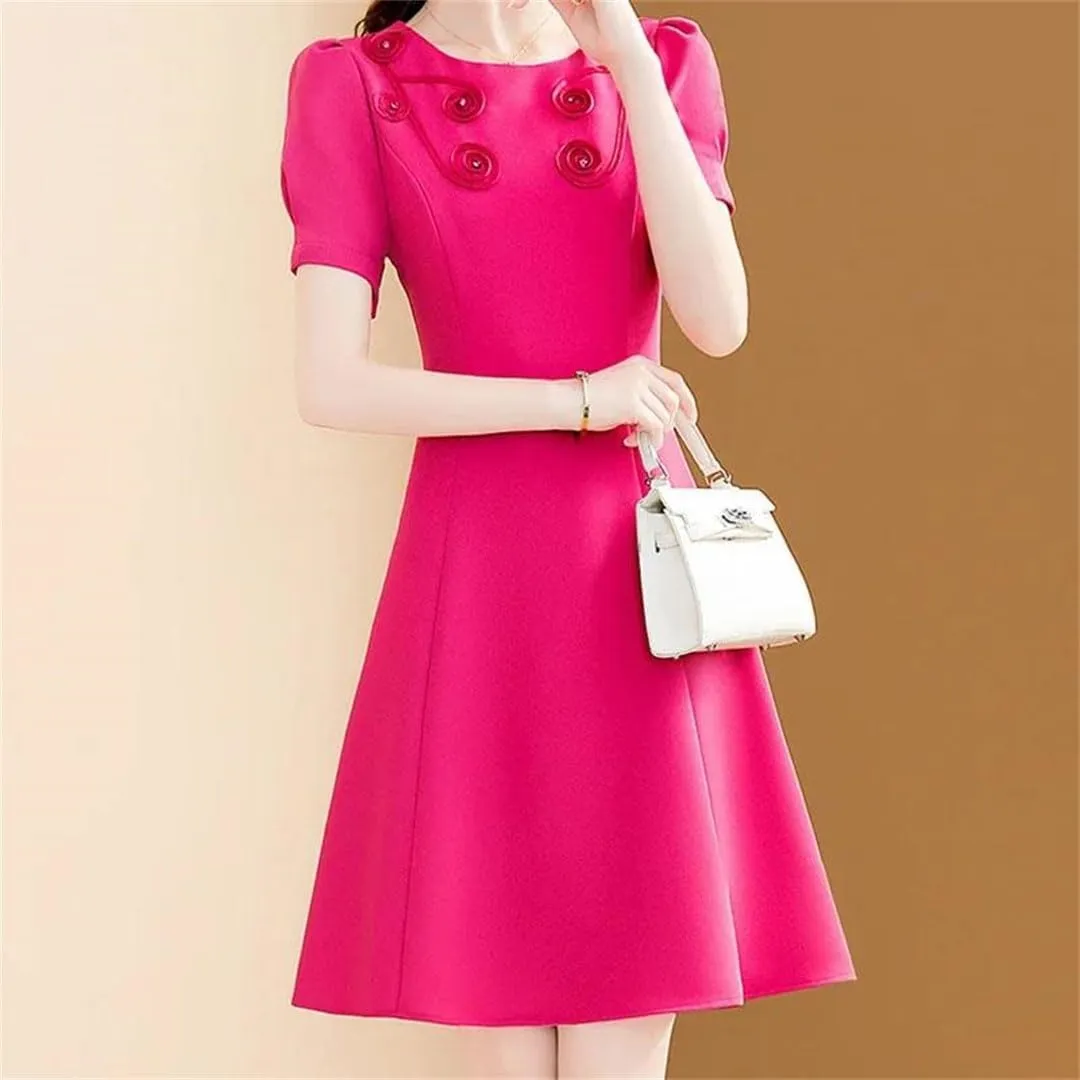 Women Elegant Floral Embroidery Dress Rose Short Sleeve Office A-Line Dresses