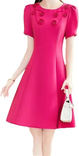 Women Elegant Floral Embroidery Dress Rose Short Sleeve Office A-Line Dresses
