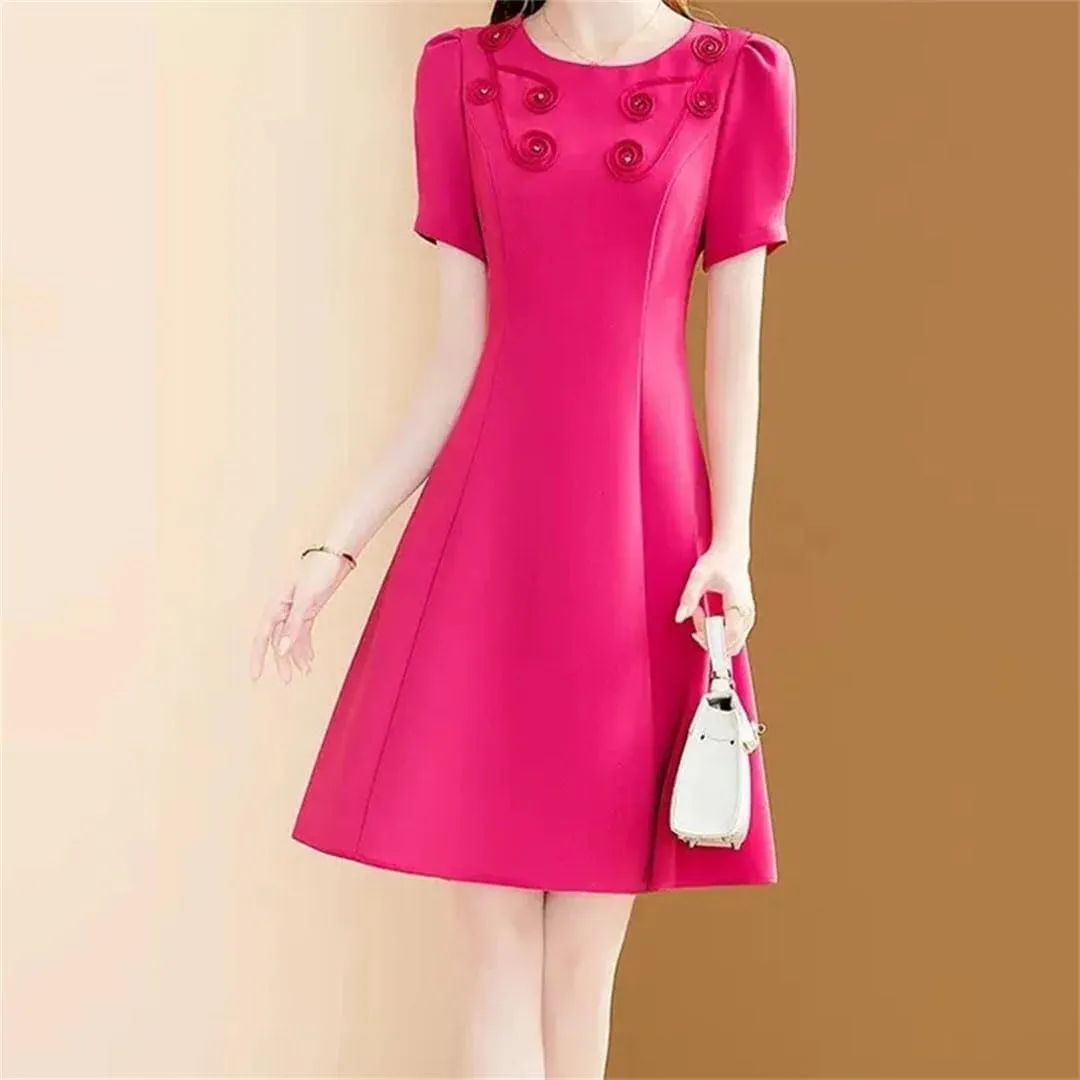 Women Elegant Floral Embroidery Dress Rose Short Sleeve Office A-Line Dresses