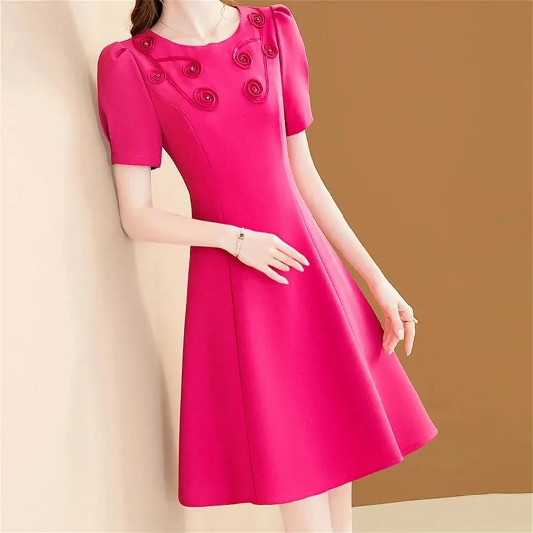 Women Elegant Floral Embroidery Dress Rose Short Sleeve Office A-Line Dresses