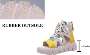 Women Fashion Leather Platform Gladiator Sandals with Back Zipper Lace Up Comfort Slip On High-Top Open Toe Cutout Boot Sandals Lug Sole Wedge Heel Roman Beach Sandals