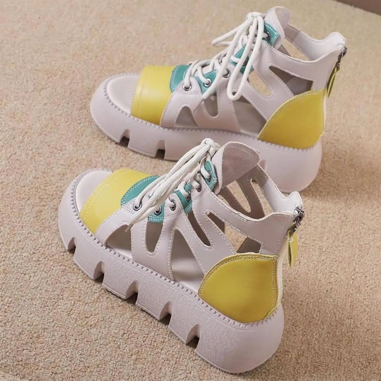 Women Fashion Leather Platform Gladiator Sandals with Back Zipper Lace Up Comfort Slip On High-Top Open Toe Cutout Boot Sandals Lug Sole Wedge Heel Roman Beach Sandals