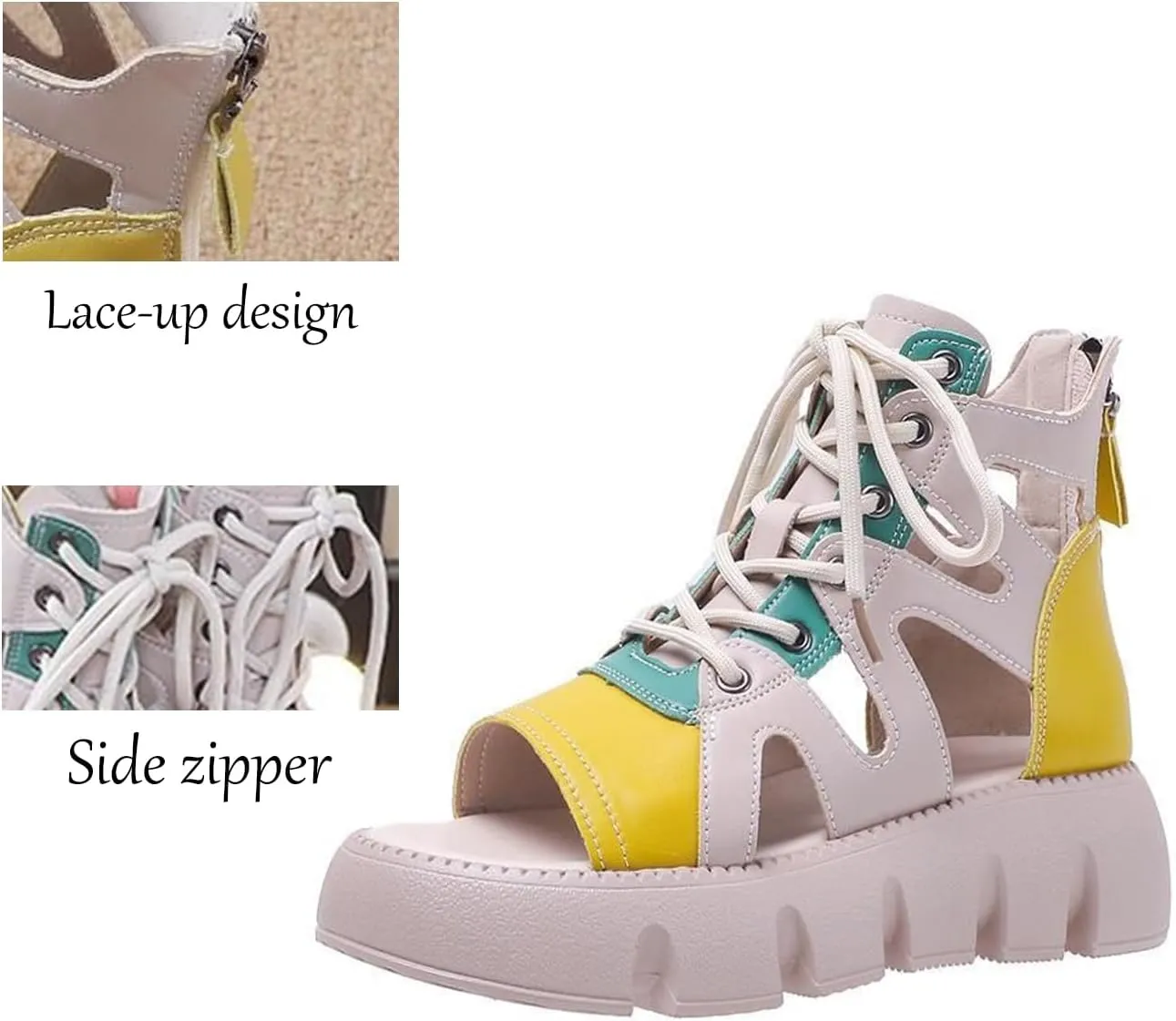 Women Fashion Leather Platform Gladiator Sandals with Back Zipper Lace Up Comfort Slip On High-Top Open Toe Cutout Boot Sandals Lug Sole Wedge Heel Roman Beach Sandals
