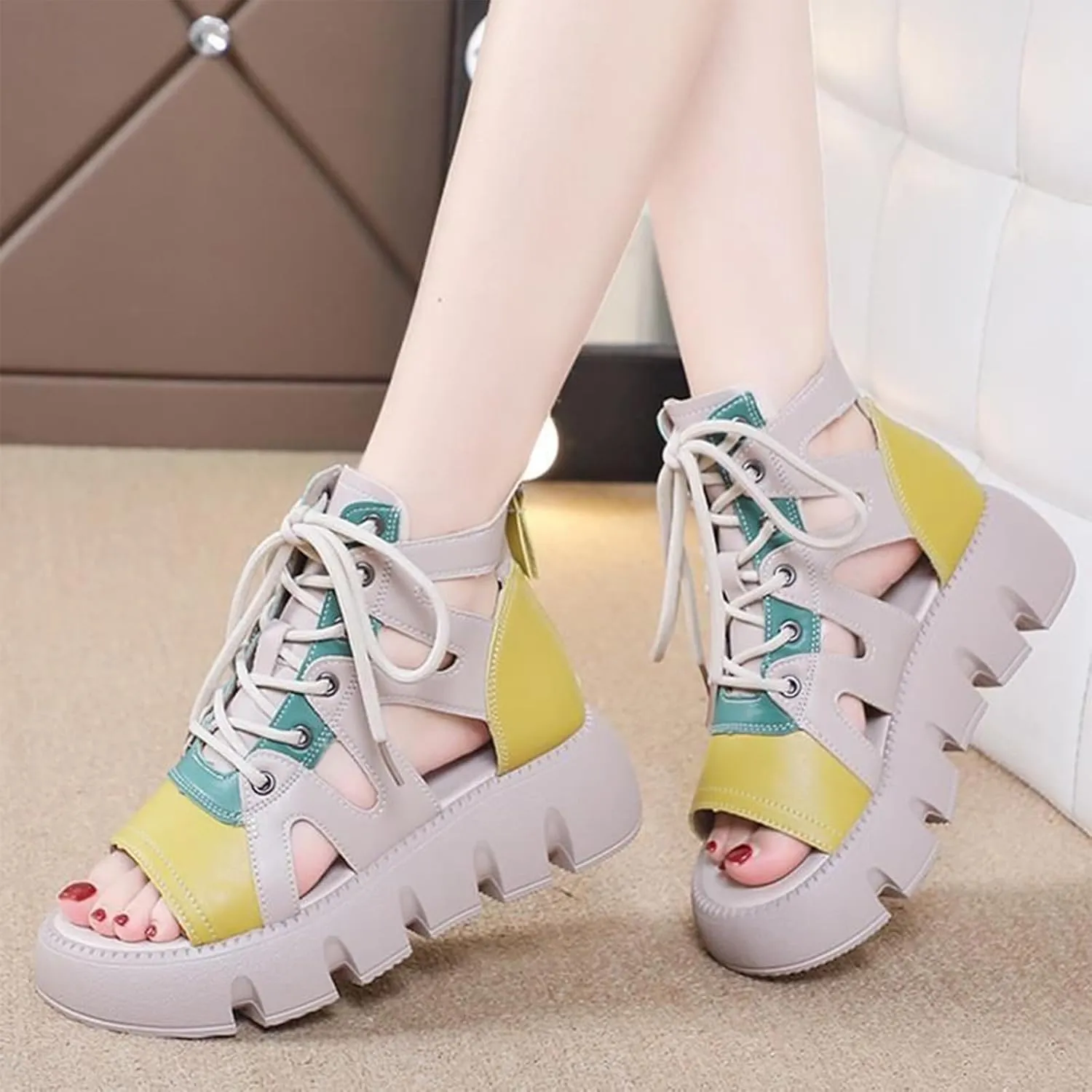 Women Fashion Leather Platform Gladiator Sandals with Back Zipper Lace Up Comfort Slip On High-Top Open Toe Cutout Boot Sandals Lug Sole Wedge Heel Roman Beach Sandals
