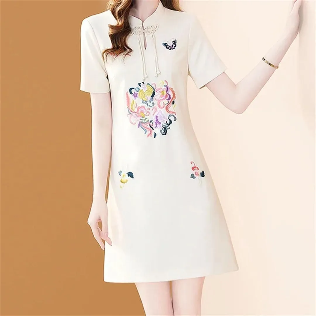 Women Floral Embroidery Slim Office Dress Elegant Vintage Chinese Button A-Line Dresses