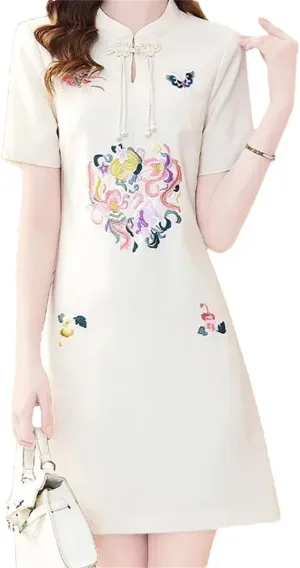 Women Floral Embroidery Slim Office Dress Elegant Vintage Chinese Button A-Line Dresses