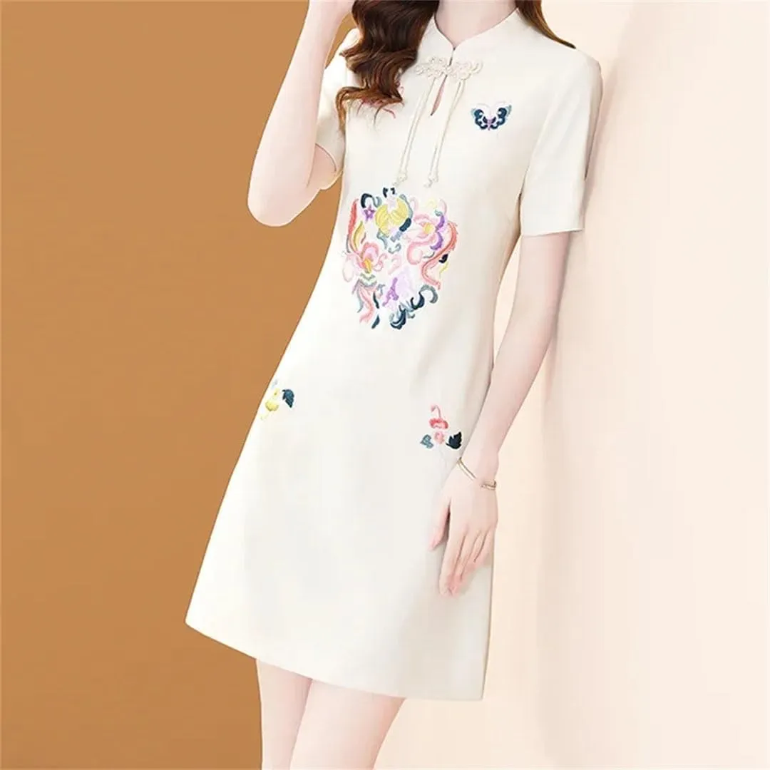 Women Floral Embroidery Slim Office Dress Elegant Vintage Chinese Button A-Line Dresses