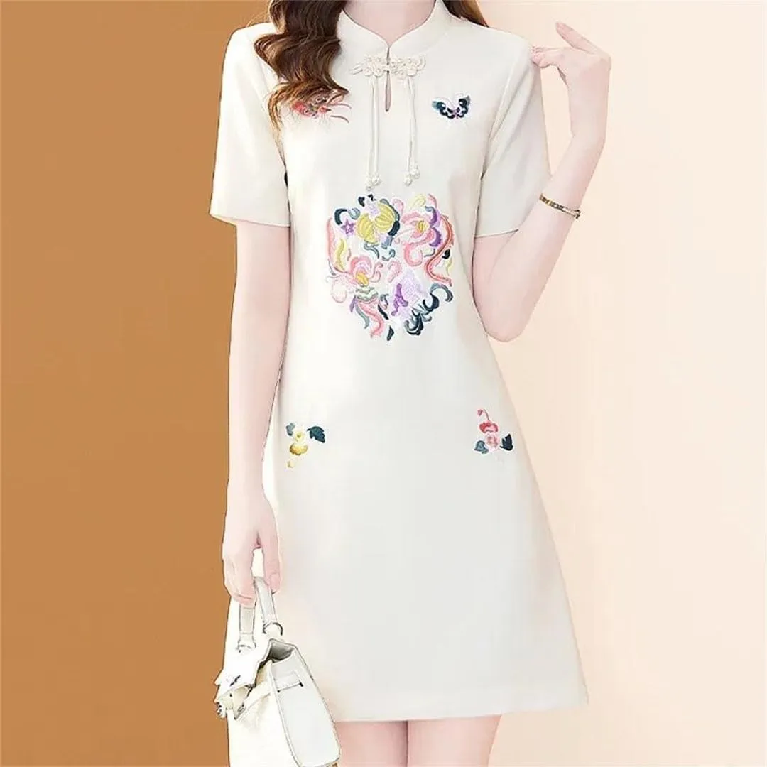 Women Floral Embroidery Slim Office Dress Elegant Vintage Chinese Button A-Line Dresses