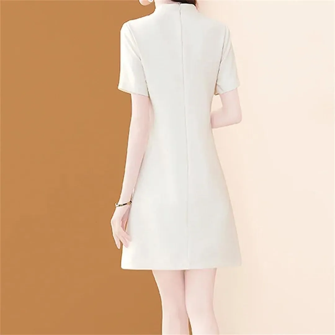 Women Floral Embroidery Slim Office Dress Elegant Vintage Chinese Button A-Line Dresses