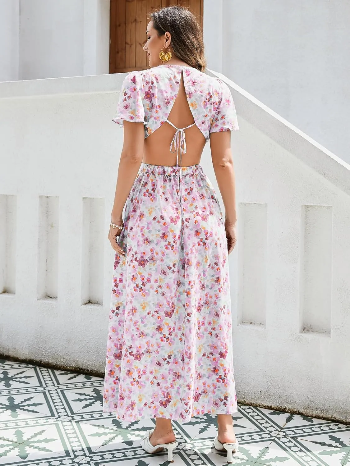 Women Floral Print Cut-Out Maxi Dress Elegant Polyester Summer Dress for Women Travel Vacation