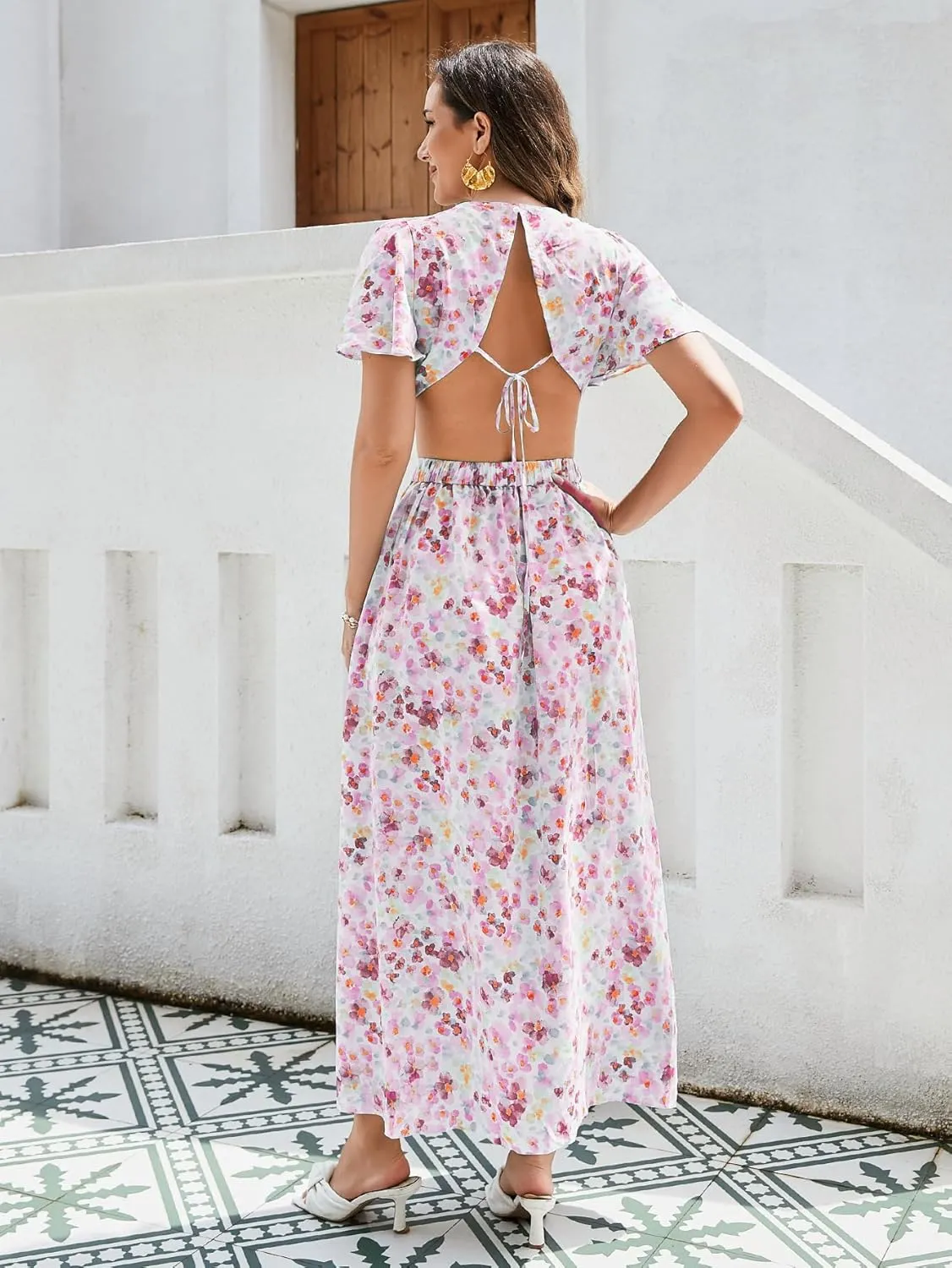 Women Floral Print Cut-Out Maxi Dress Elegant Polyester Summer Dress for Women Travel Vacation